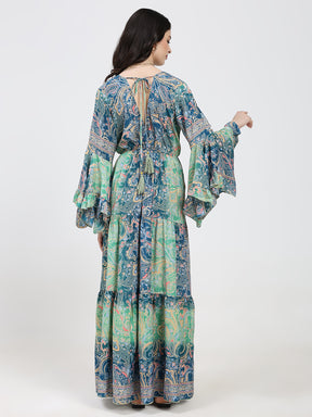 Ruffle Sleeves Boho Maxi Dress- Blue Green