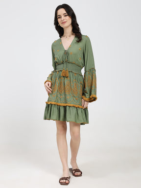 Embroidery Hand Work Bell
Sleeves Boho Maxi Dress Short -
Golden Fern