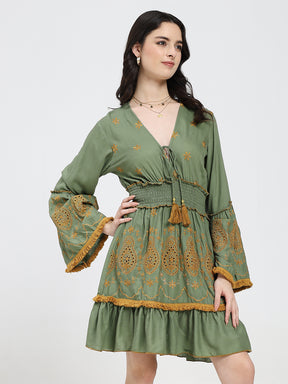 Embroidery Hand Work Bell
Sleeves Boho Maxi Dress Short -
Golden Fern