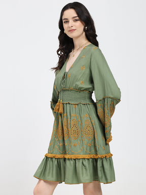 Embroidery Hand Work Bell
Sleeves Boho Maxi Dress Short -
Golden Fern