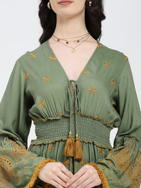 Embroidery Hand Work Bell
Sleeves Boho Maxi Dress Short -
Golden Fern