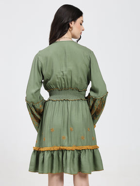 Embroidery Hand Work Bell
Sleeves Boho Maxi Dress Short -
Golden Fern