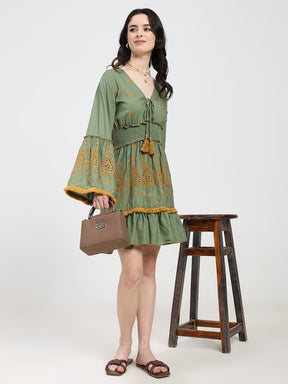 Embroidery Hand Work Bell
Sleeves Boho Maxi Dress Short -
Golden Fern