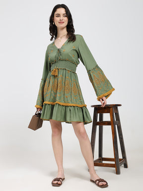 Embroidery Hand Work Bell
Sleeves Boho Maxi Dress Short -
Golden Fern