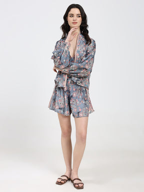 Puff Sleeves Kimono and Shorts Coordinate Set (3 Piece)- Grey Gardenia