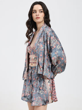 Puff Sleeves Kimono and Shorts Coordinate Set (3 Piece)- Grey Gardenia