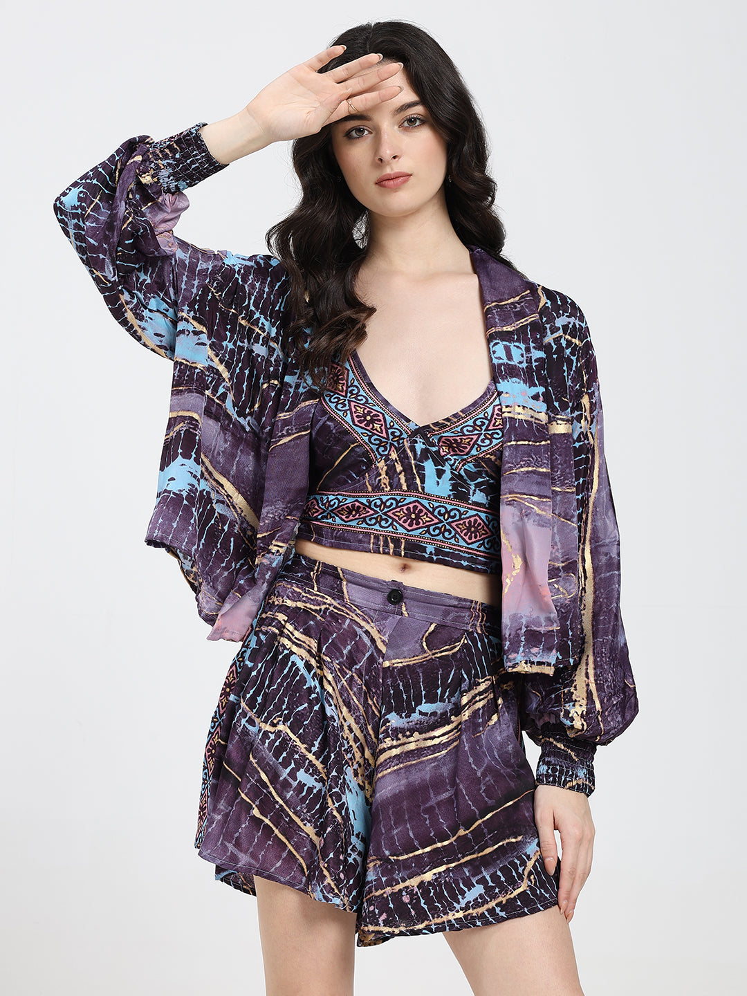 Puff Sleeves Kimono and Shorts Coordinate Set (3 Piece)- Twilight Totem