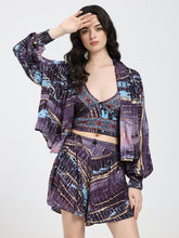 Puff Sleeves Kimono and Shorts Coordinate Set (3 Piece)- Twilight Totem