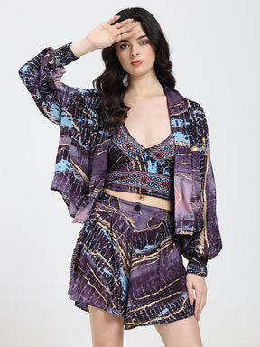 Puff Sleeves Kimono and Shorts Coordinate Set (3 Piece)- Twilight Totem