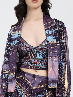 Puff Sleeves Kimono and Shorts Coordinate Set (3 Piece)- Twilight Totem