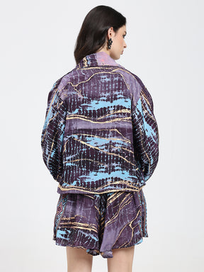 Puff Sleeves Kimono and Shorts Coordinate Set (3 Piece)- Twilight Totem