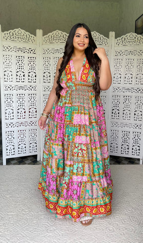 Halter Neck Multi Panel Boho printed Maxi Dress - Rainbow Rhythm