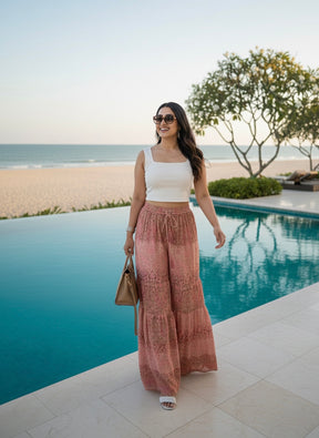 Ruffle Panel Boho Printed Palazzo - Peach