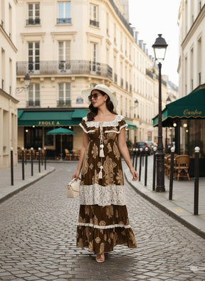 Olive Boho Paisley Off-Shoulder Tiered Maxi Dress