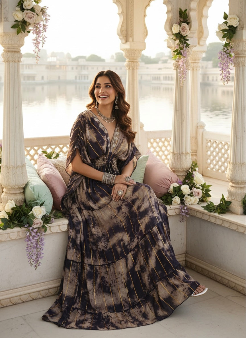 ⭐️Best Seller -Balloon Pattern Embroidery Boho Printed Hand Work Maxi Dress - Golden Twilight