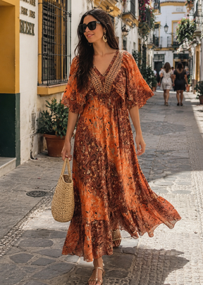 Boho Printed Butterfly Sleeves  maxi dress in Sunlit Gypsy