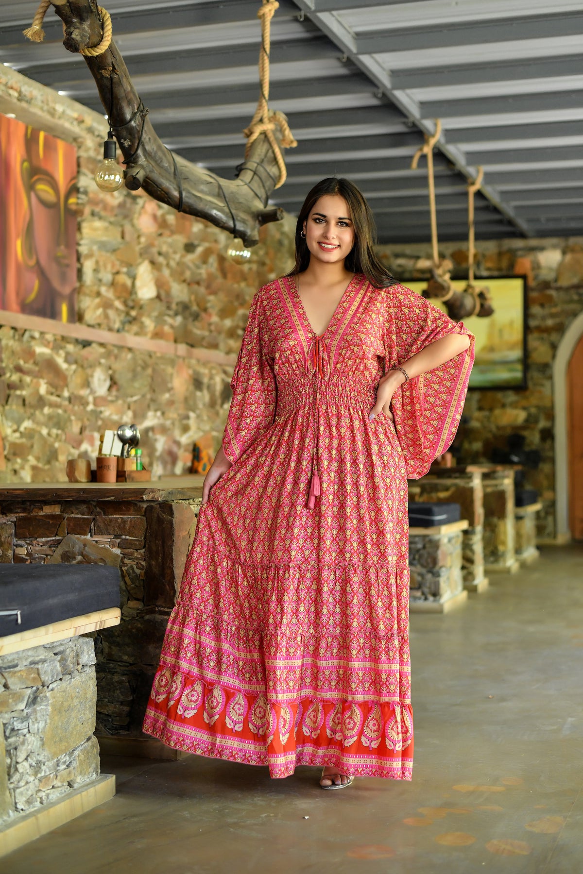 Bell Sleeves Boho Maxi Dress in Pink