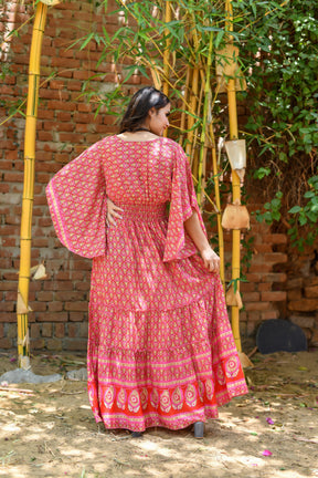 Bell Sleeves Boho Maxi Dress in Pink