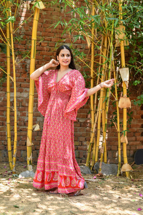 Bell Sleeves Boho Maxi Dress in Pink