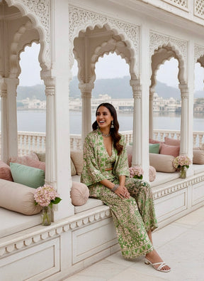 Boho Printed Bell Sleeves Kimono Coordinate Set - Mint Mirage