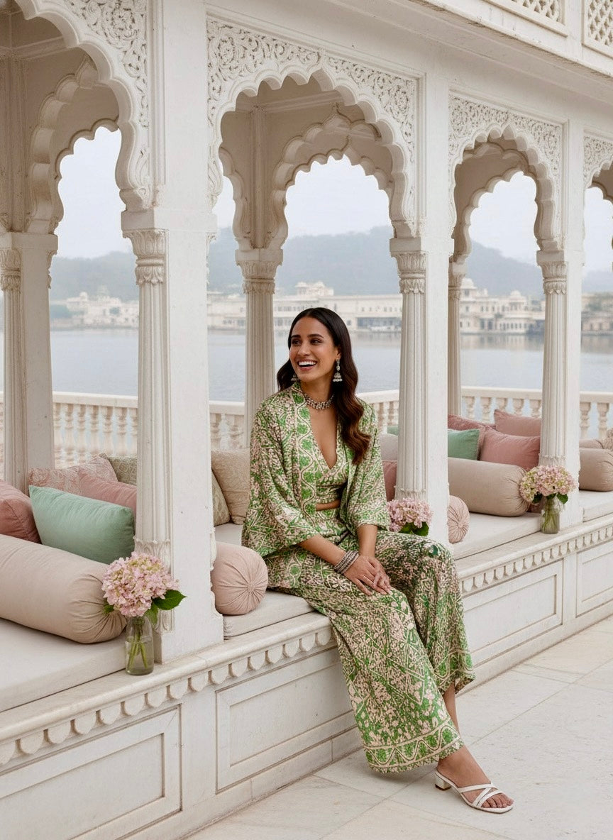 Boho Printed Bell Sleeves Kimono Coordinate Set - Mint Mirage