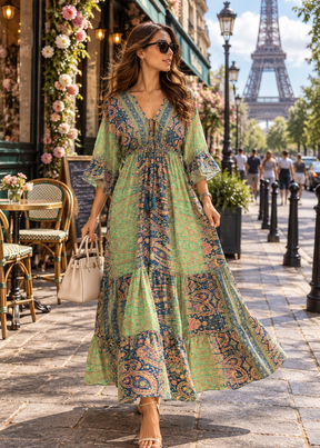 💚Boho Printed Kaftan Maxi Dress in Emerald Nomad
