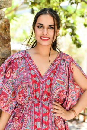 Kaftan Pattern Embroidered Short Dress in Pink