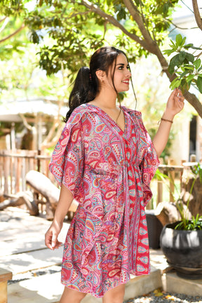 Kaftan Pattern Embroidered Short Dress in Pink