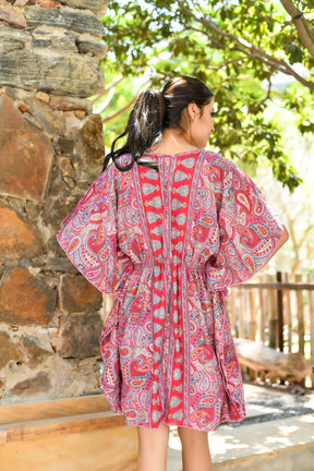 Kaftan Pattern Embroidered Short Dress in Pink