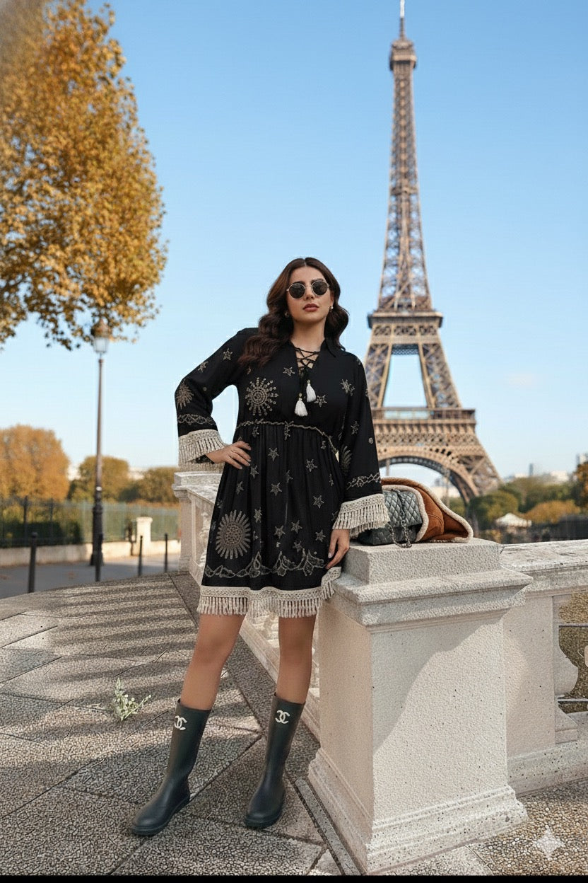 Embroidery Work Bell Sleeves Boho Short Maxi Dress- Twilight Tassel