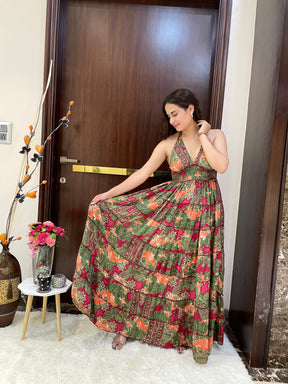 Halter Neck Multi Panel Boho printed Maxi Dress In Red and Green