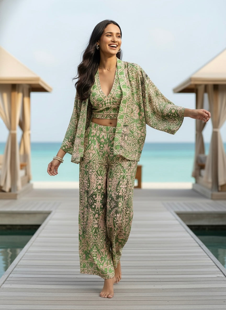Boho Printed Bell Sleeves Kimono Coordinate Set - Mint Mirage