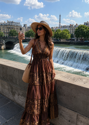 Halter Neck Multi Panel Embroidery Hand Work Boho printed Maxi Dress in Mocha Mirage