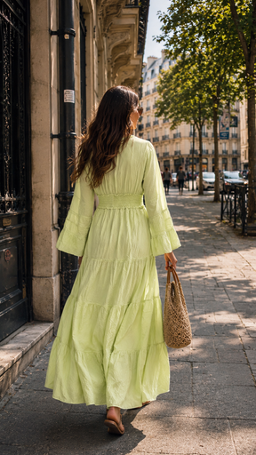 Embroidery Hand Work Bell Sleeves Maxi Dress - Lime Élan