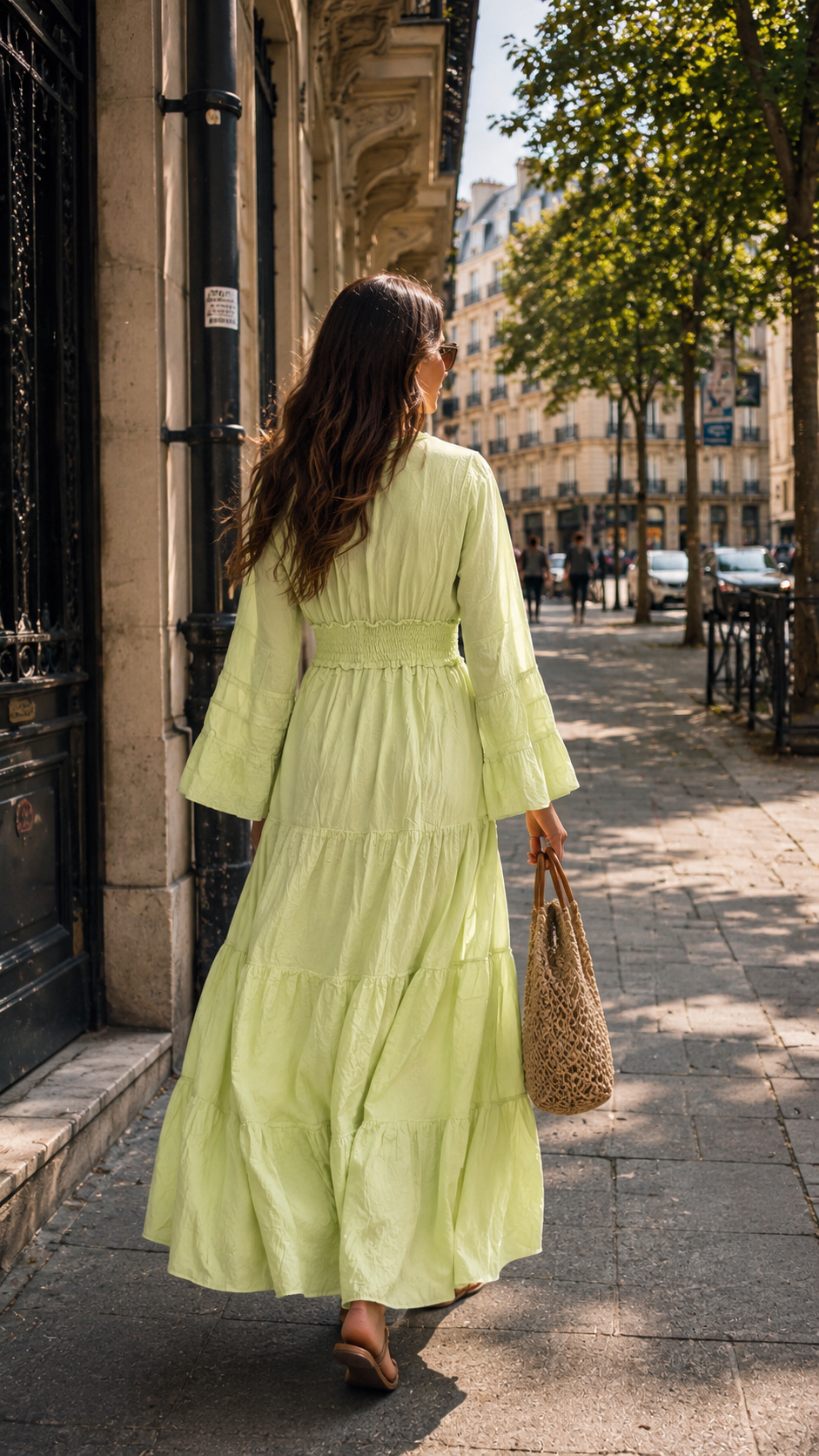 Embroidery Hand Work Bell Sleeves Maxi Dress - Lime Élan