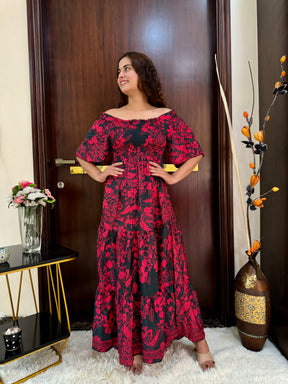 Off- Shoulder Boho Printed Maxi Dress - Blood Moon