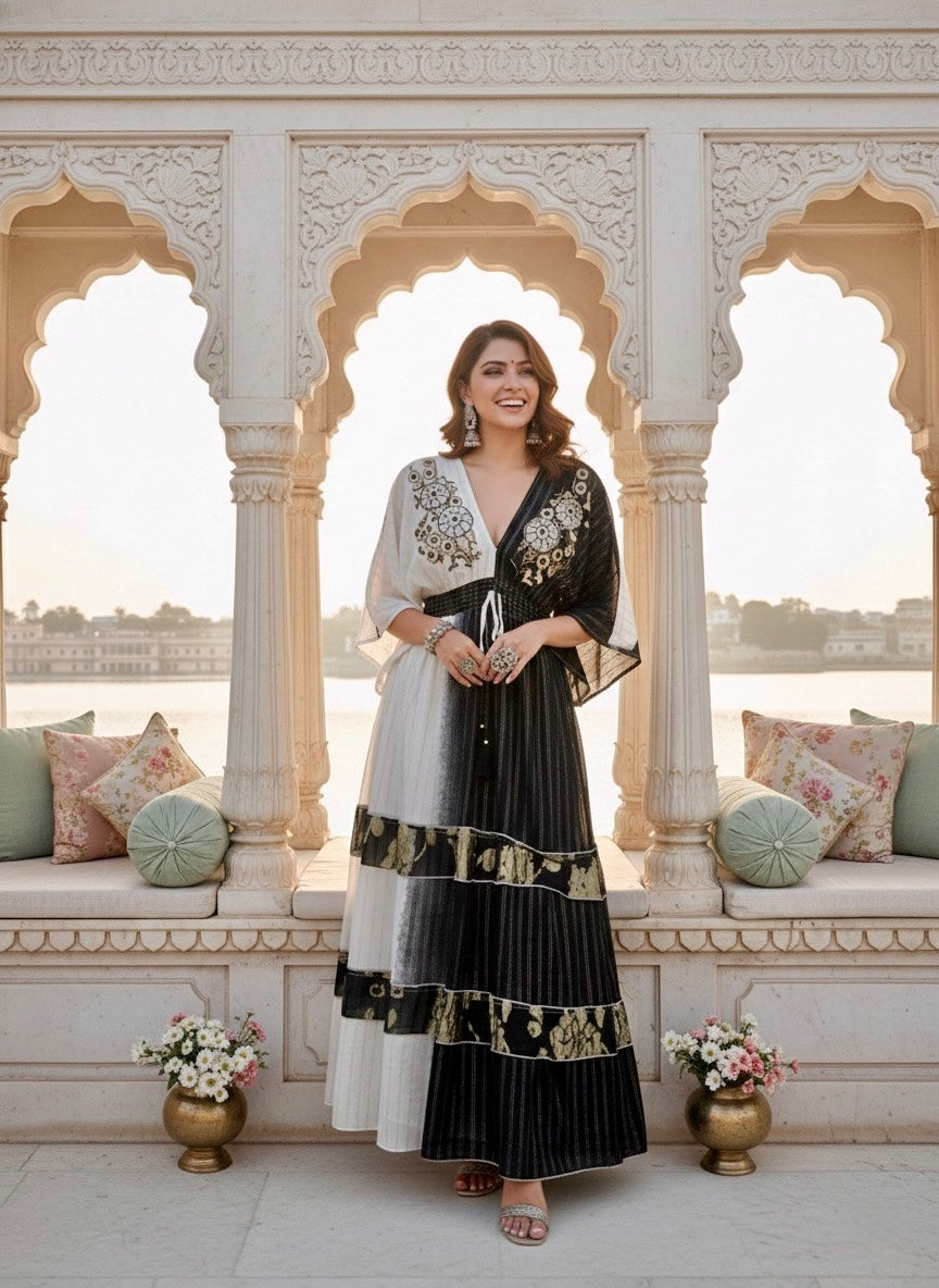 Two Shade Hand Embroidered Kaftan Maxi Dress - Black