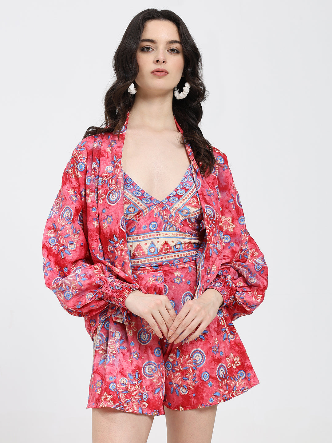 Puff Sleeves Kimono and Shorts Coordinate Set (3 Piece)- Pink Potion