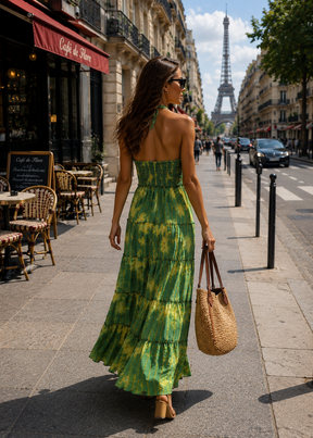 🌴Trending-  Tie-Dye Halter Neck Multi Panel Embroidery Hand Work Boho printed Maxi Dress in     Emerald Élan 🌴