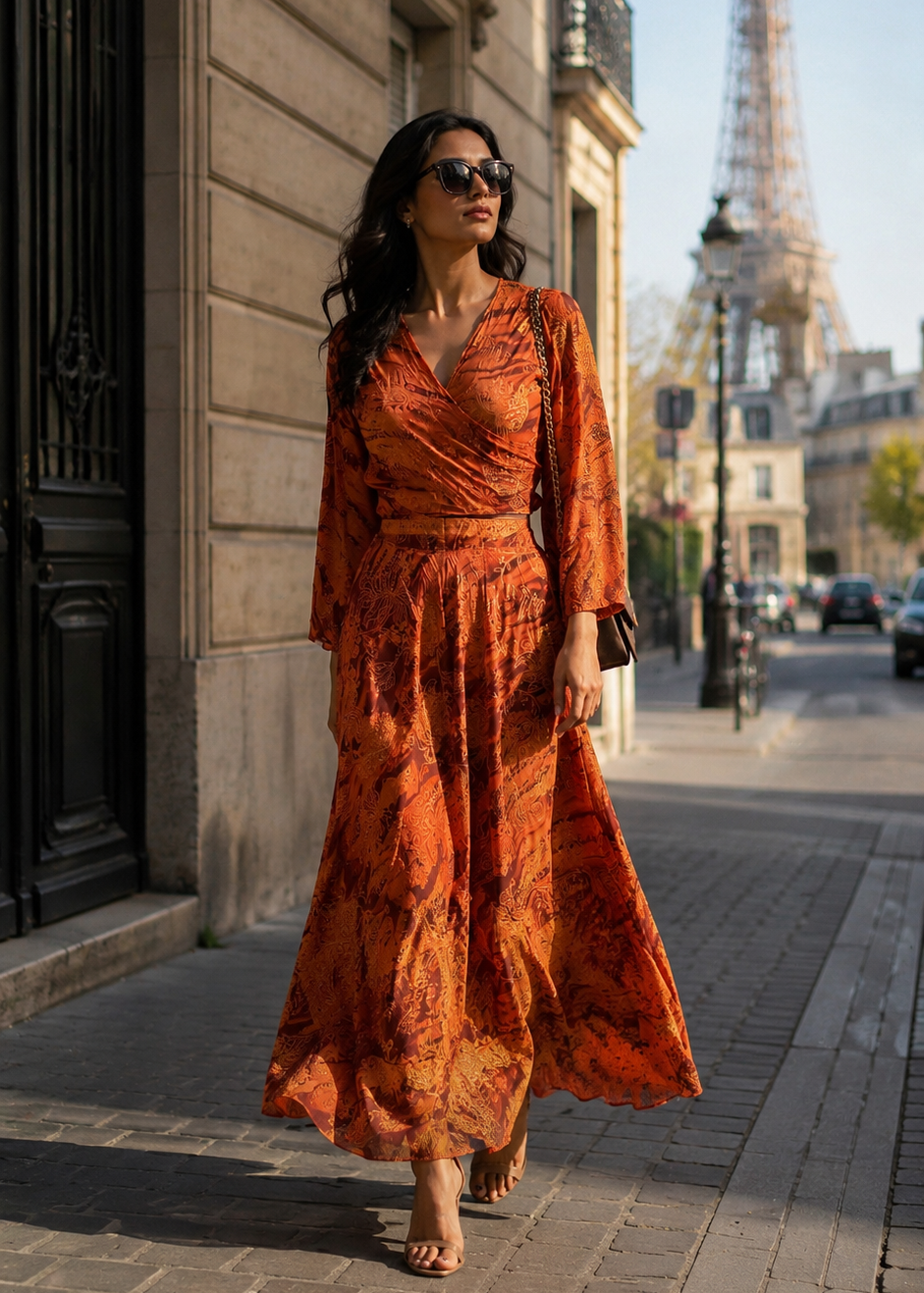 Wrap Top Boho Printed Co-ord Set in Burnt Sienna