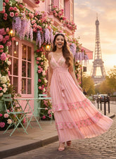 V Neck Embroidery Hand Work Boho Printed Maxi Dress- Golden Petal