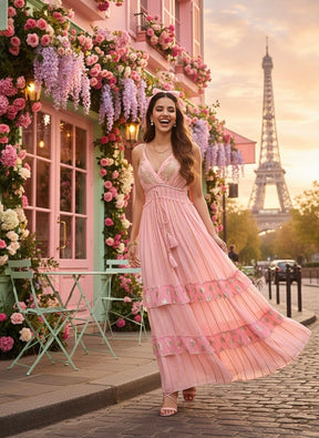 V Neck Embroidery Hand Work Boho Printed Maxi Dress- Golden Petal