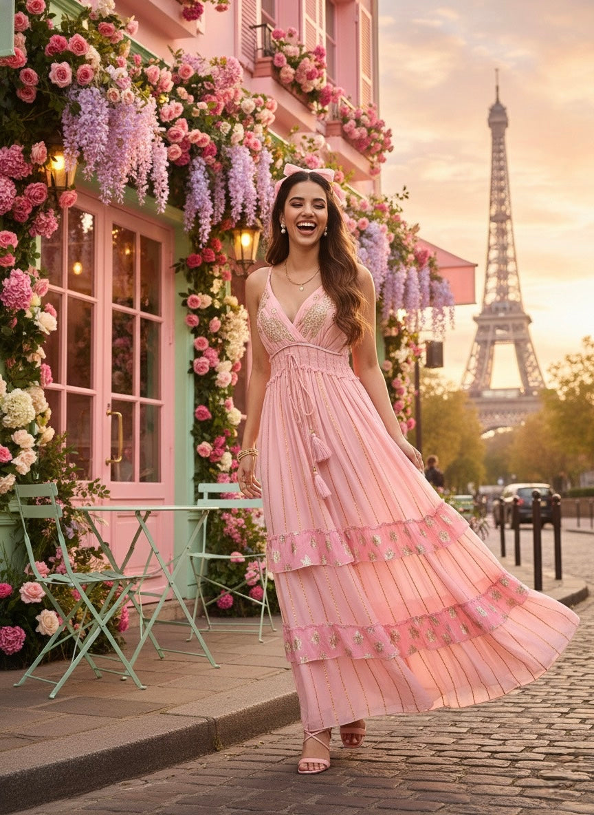 V Neck Embroidery Hand Work Boho Printed Maxi Dress- Golden Petal