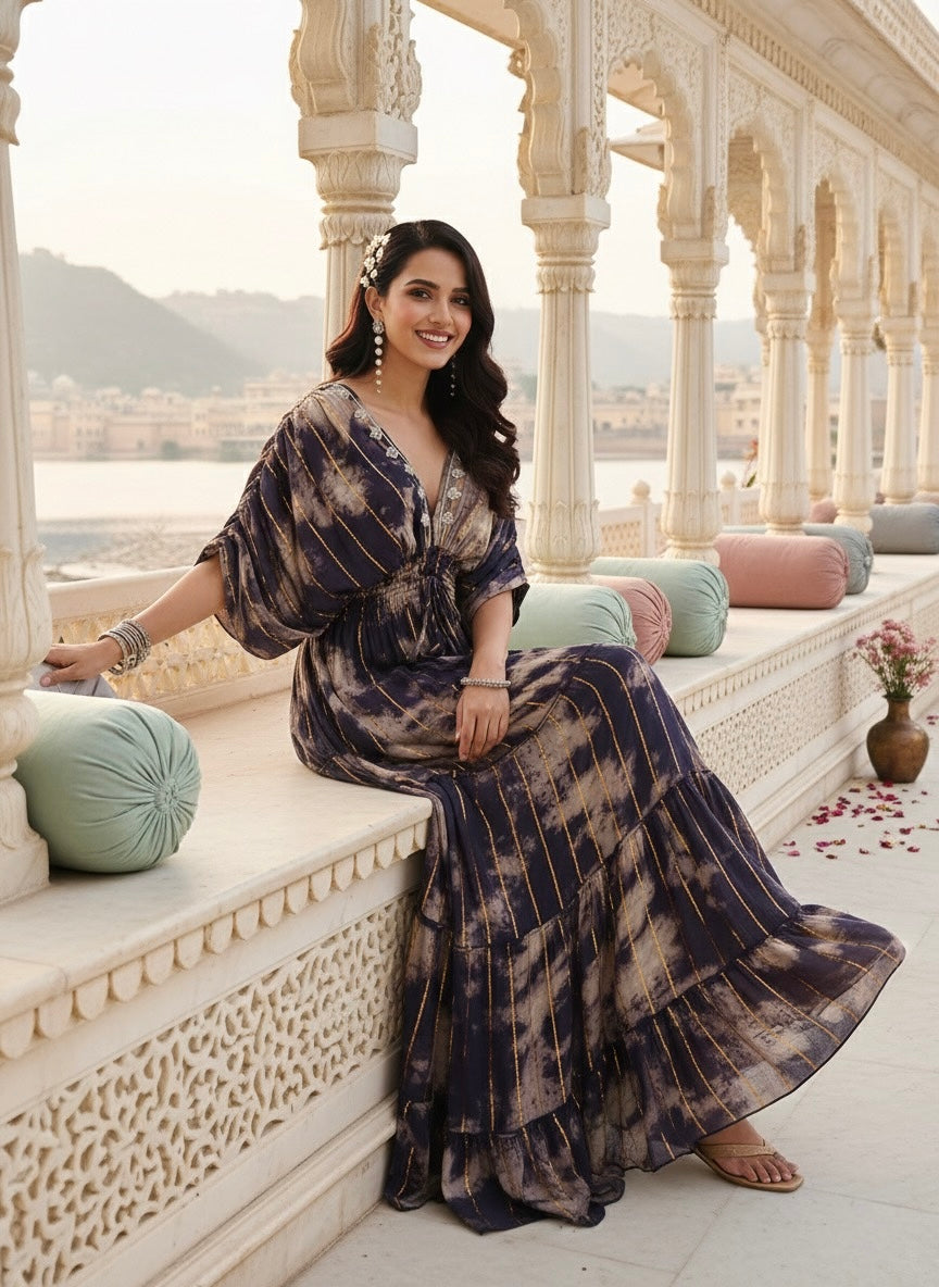 Balloon Pattern Embroidery Boho Printed Hand Work Maxi Dress - Golden Twilight