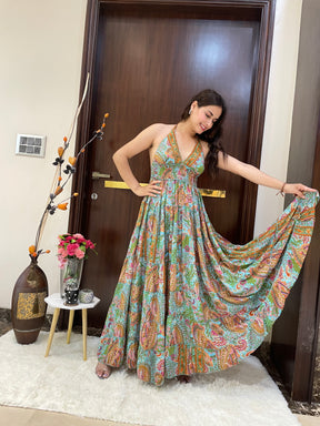 Halter Neck Multi Panel Boho printed Maxi Dress In Blue
