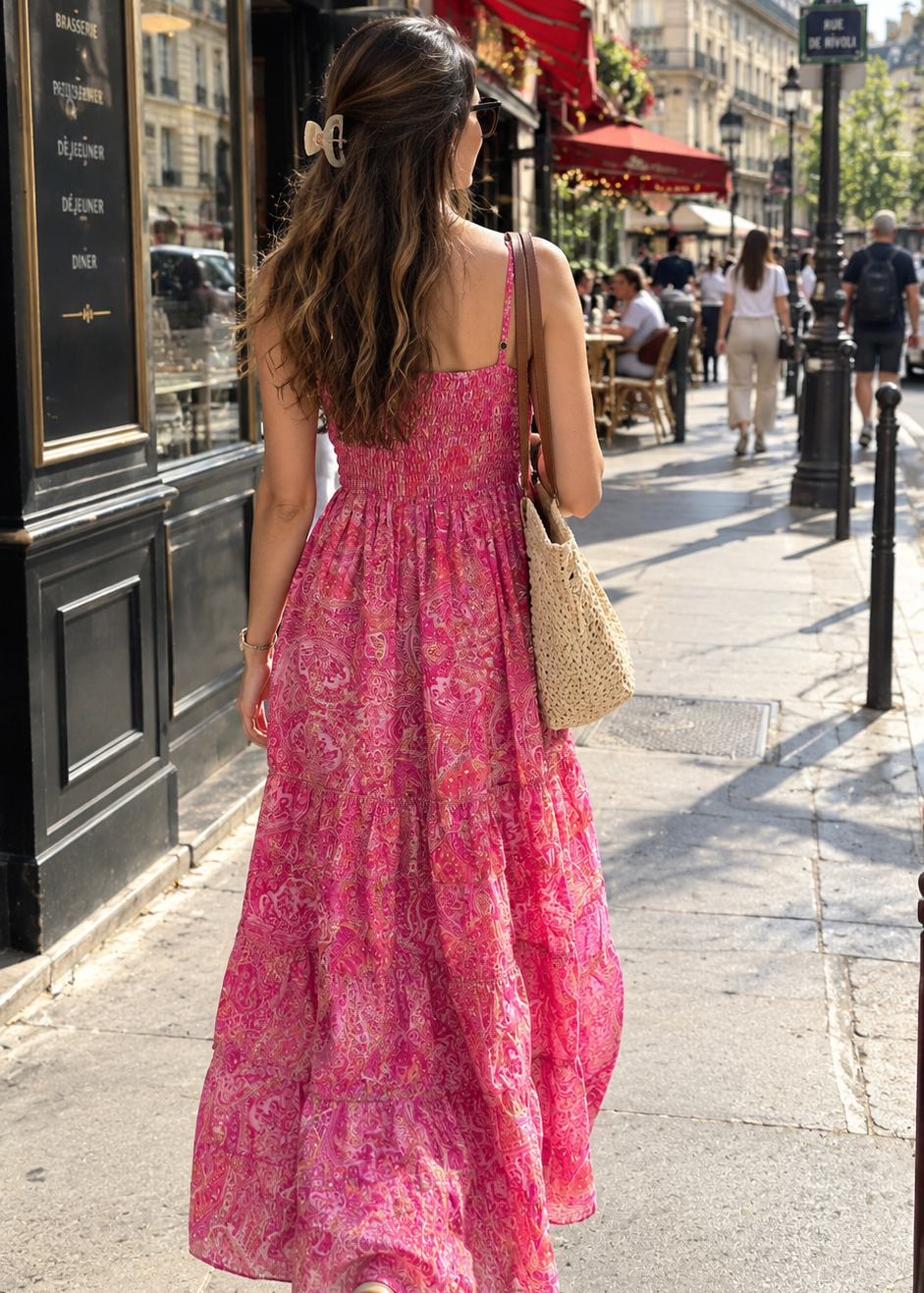 V Neck Boho Printed Embroidery Hand Work Breeze Maxi Dress- 💞Pink Pétal Muse