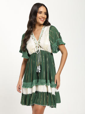 Handwork Embroidery Bell Sleeves Boho Short Maxi Dress- Emerald Whisper