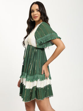 Handwork Embroidery Bell Sleeves Boho Short Maxi Dress- Emerald Whisper