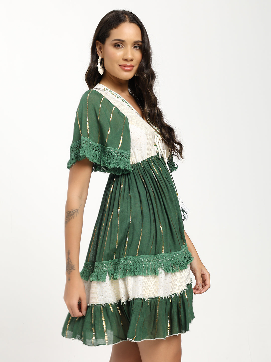 Handwork Embroidery Bell Sleeves Boho Short Maxi Dress- Emerald Whisper