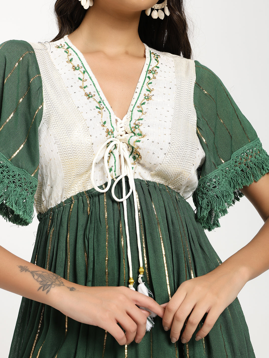 Handwork Embroidery Bell Sleeves Boho Short Maxi Dress- Emerald Whisper